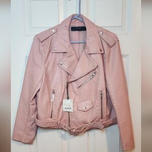 NWT pink Zara asymmetrical faux leather moto jacket Sz XL